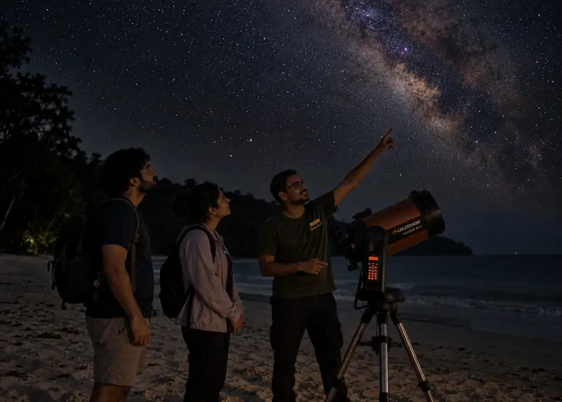 Guests stargazing through a telescope under the Milky Way on Havelock Island