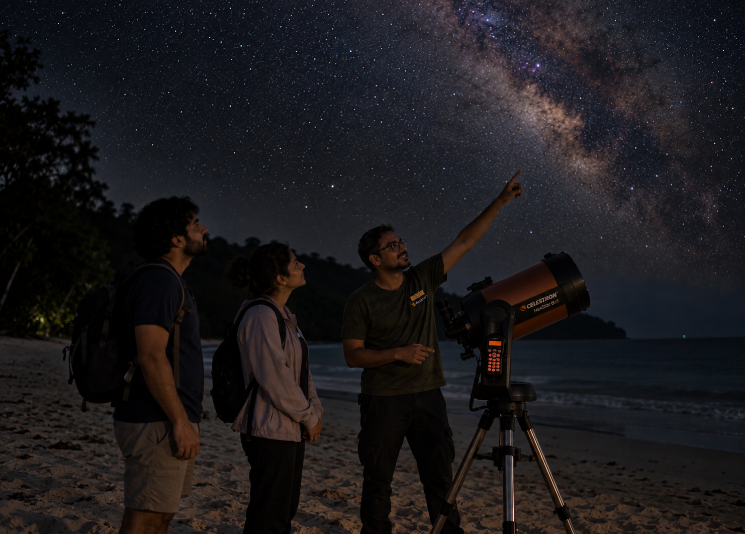 Guests stargazing through a telescope under the Milky Way on Havelock Island